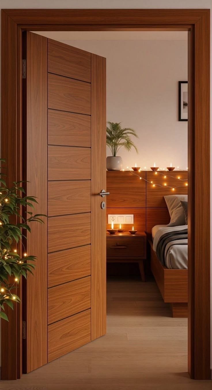 An open Fleximo WPC door leading into a warmly lit interior.