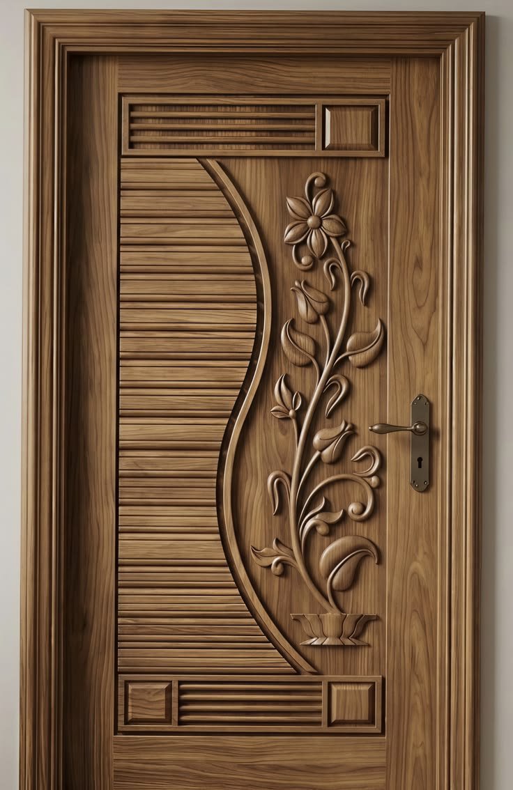 A light oak-finish WPC-style door with a slim dark inlay stripe, shown in a bright contemporary interior.