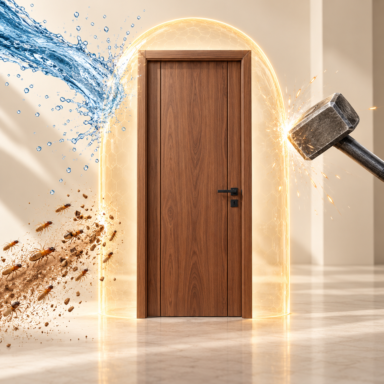 Fleximo WPC door illustrating moisture, termite and impact resistance